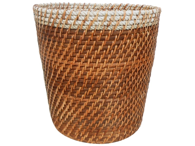 Professional-grade Handwoven Rattan Waste Basket with Natural Rope Rim - Sustainable Home Decor